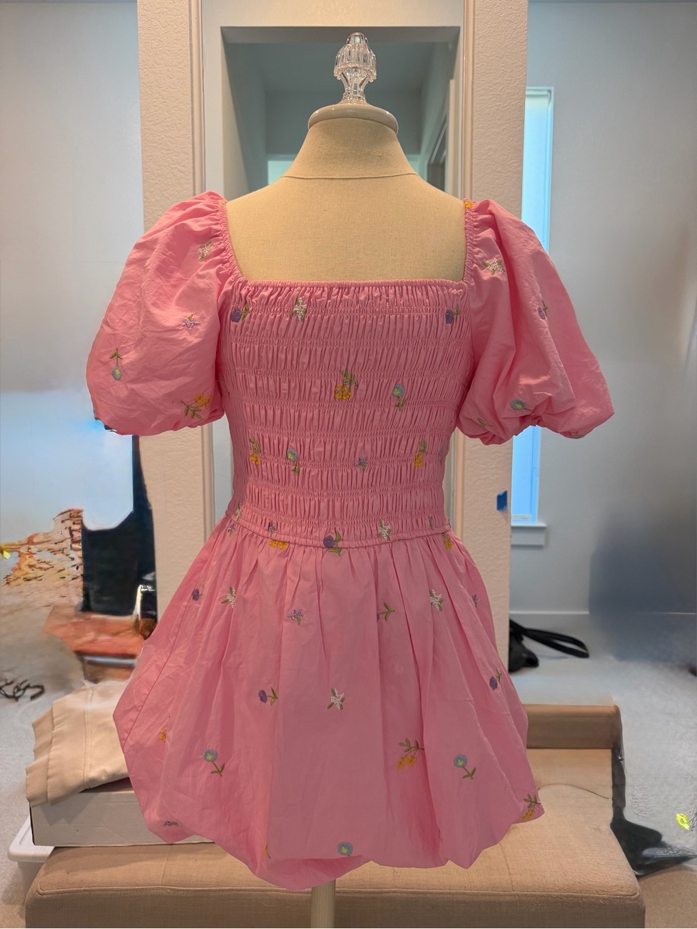 English Factory Pink Puff-Sleeve Smocked Mini Dress with Floral Embroidery